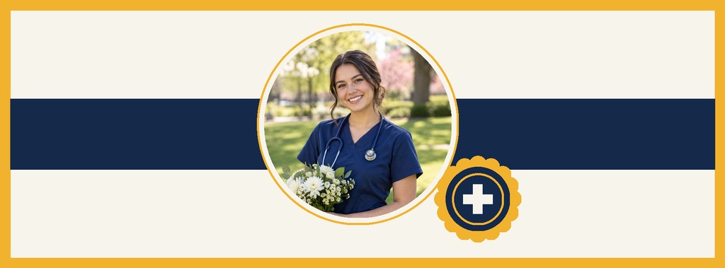 Smiling nurse in uniform inside a circular frame on a navy and gold page cover template