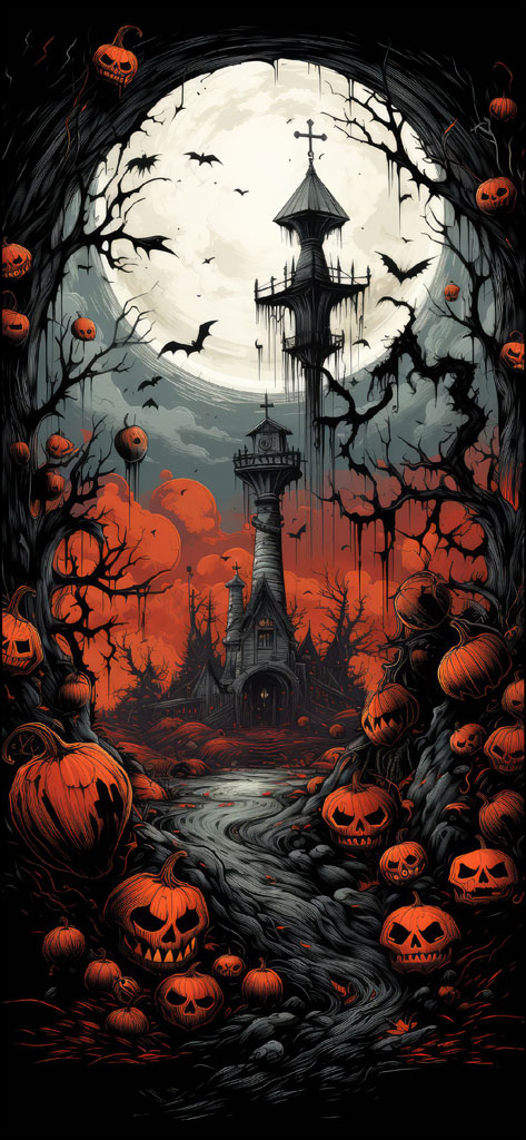 A dark Halloween scene with a tower in the distance and pumpkins in the foreground.