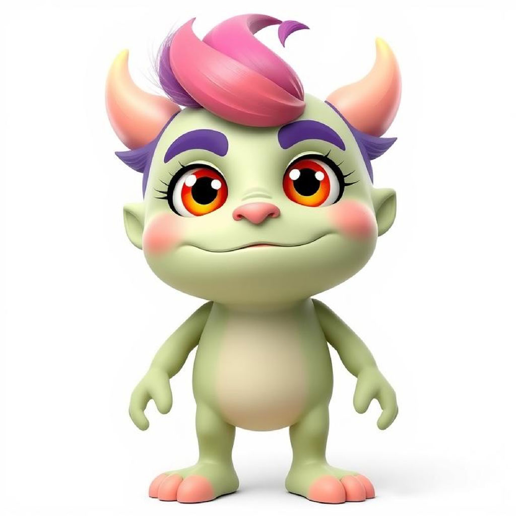 A cartoon monster with green skin, large orange eyes, pink hair, and horns.