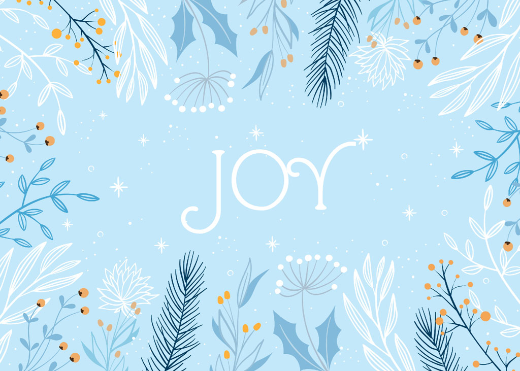 A light blue background with white and blue floral elements and the word 'JOY' in the center.