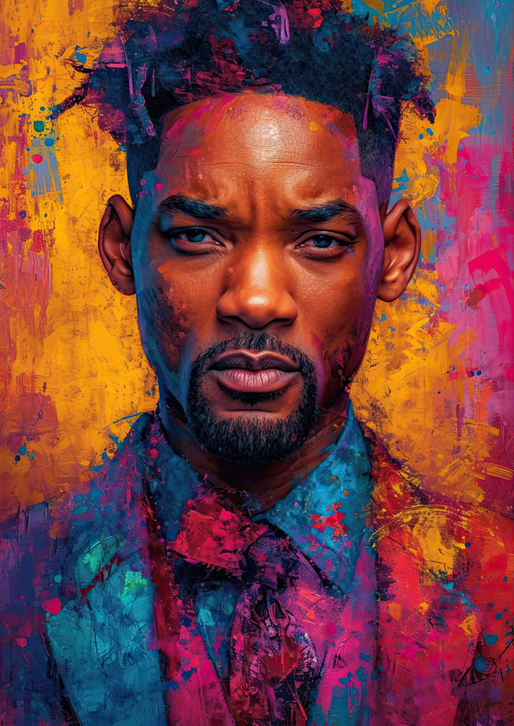 A man with a beard and mustache in a colorful, abstract portrait.