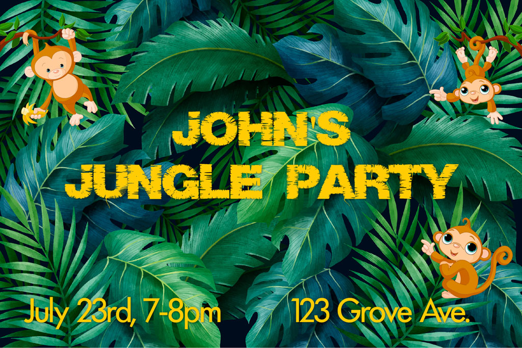 John's Jungle Party invitation with cartoon monkeys and jungle leaves