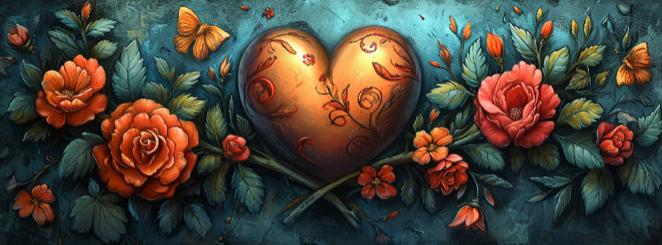 A heart-shaped artwork with floral and butterfly motifs
