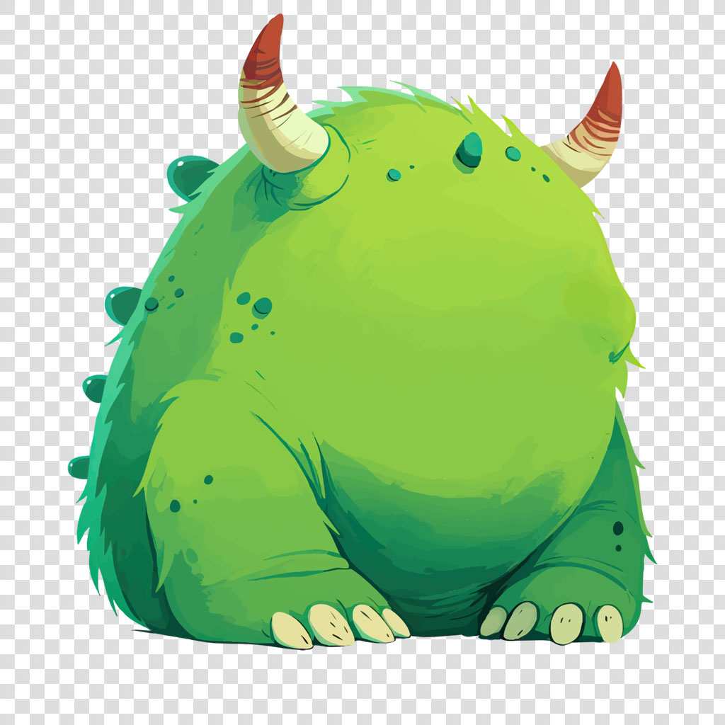 A cute, green cartoon monster with two red-tipped horns and a round body.