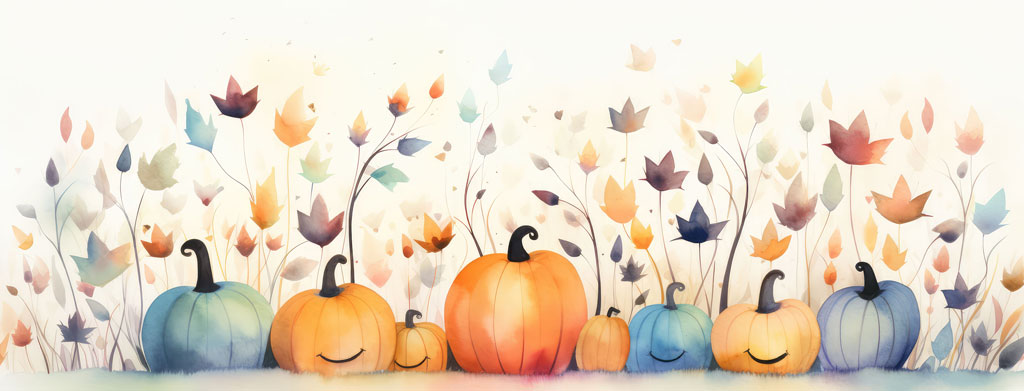 Watercolor painting of smiling pumpkins surrounded by leaves