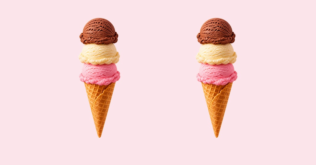Two ice cream cones with chocolate, vanilla, and pink scoops on a light pink background.
