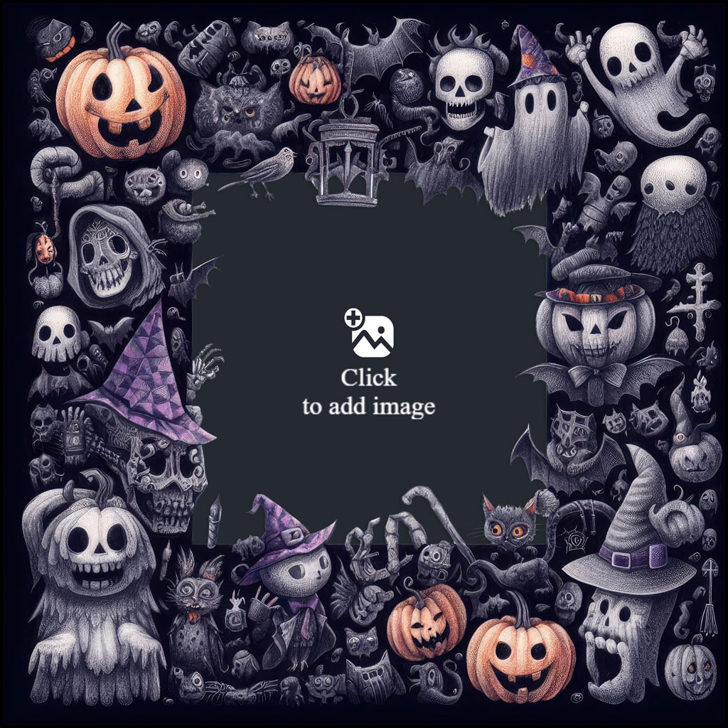 Halloween-themed frame with pumpkins, ghosts, and skeletons