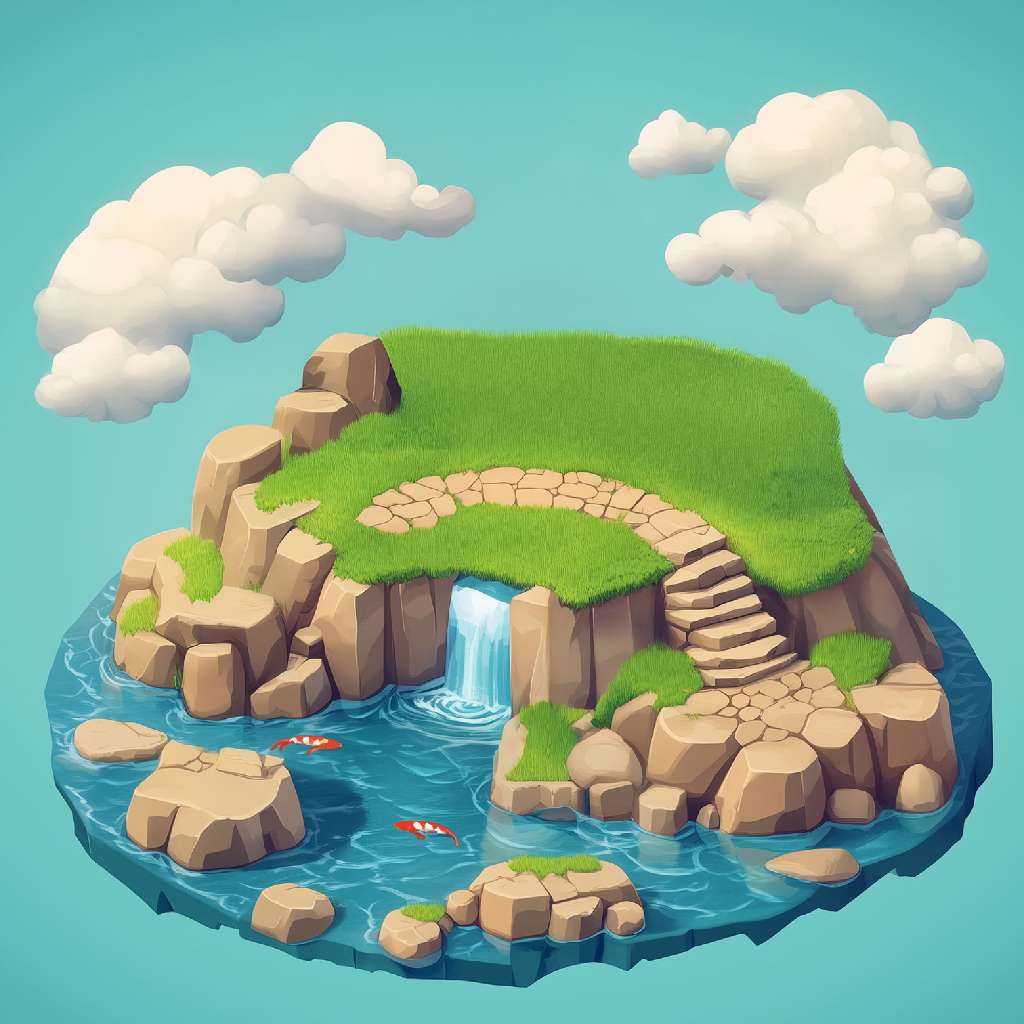 A cartoon island with a waterfall and greenery surrounded by water and clouds