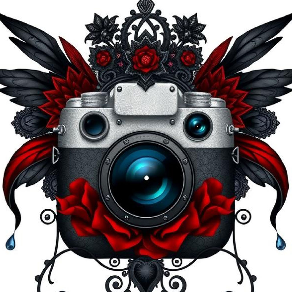 Gothic camera with red roses and black wings