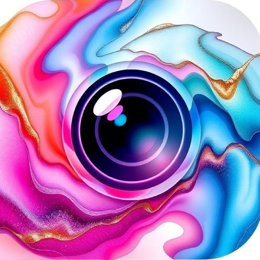 A stylized camera lens with vibrant, swirling colors around it