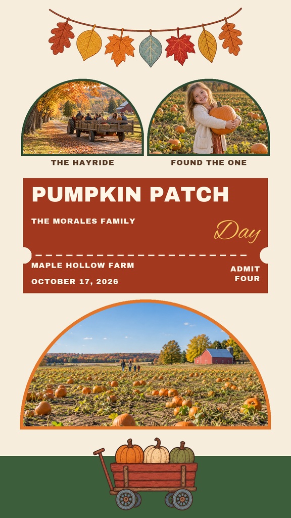 Fall story template with pumpkin leaves, pumpkin patch photos, and a wagon of pumpkins.