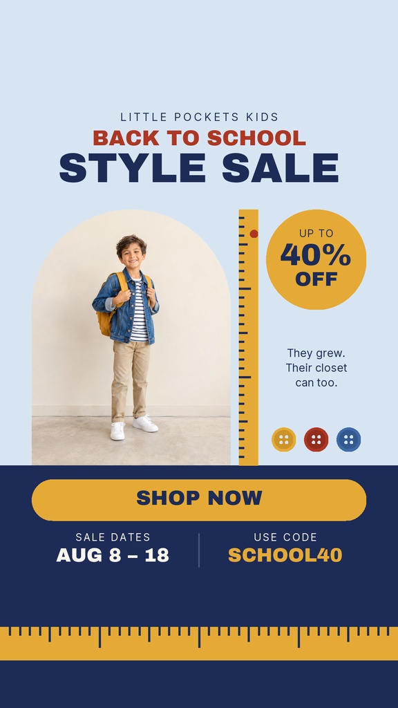 Vertical Instagram story template for a back-to-school style sale with a child, discount badge, and shop now button.