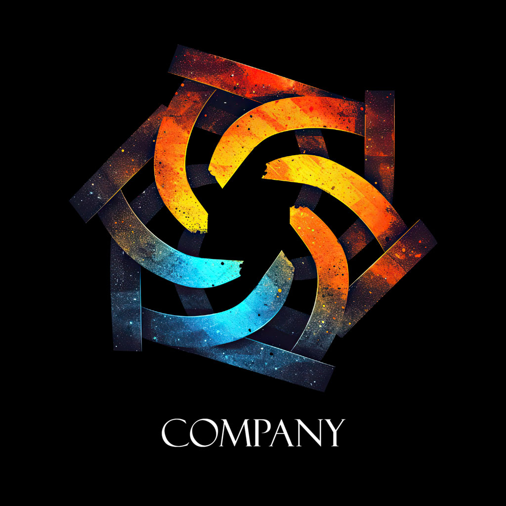 Company logo with a colorful spiral pattern