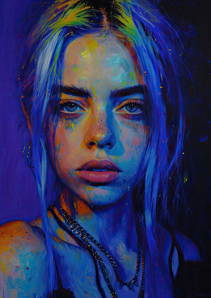 A young woman with blue hair and a serious expression, surrounded by vibrant colors.