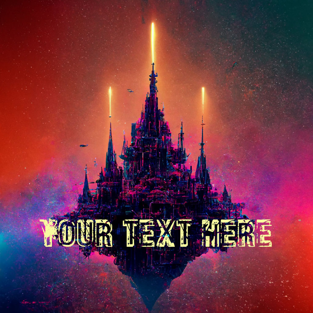 A majestic, dark castle with glowing spires set against a colorful, starry sky.