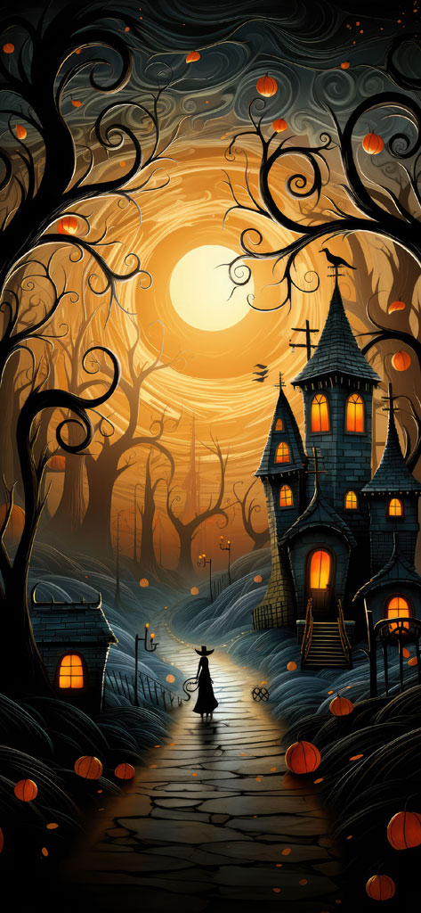A witch in a black dress walks towards a haunted castle under a full moon surrounded by pumpkins and twisted trees.
