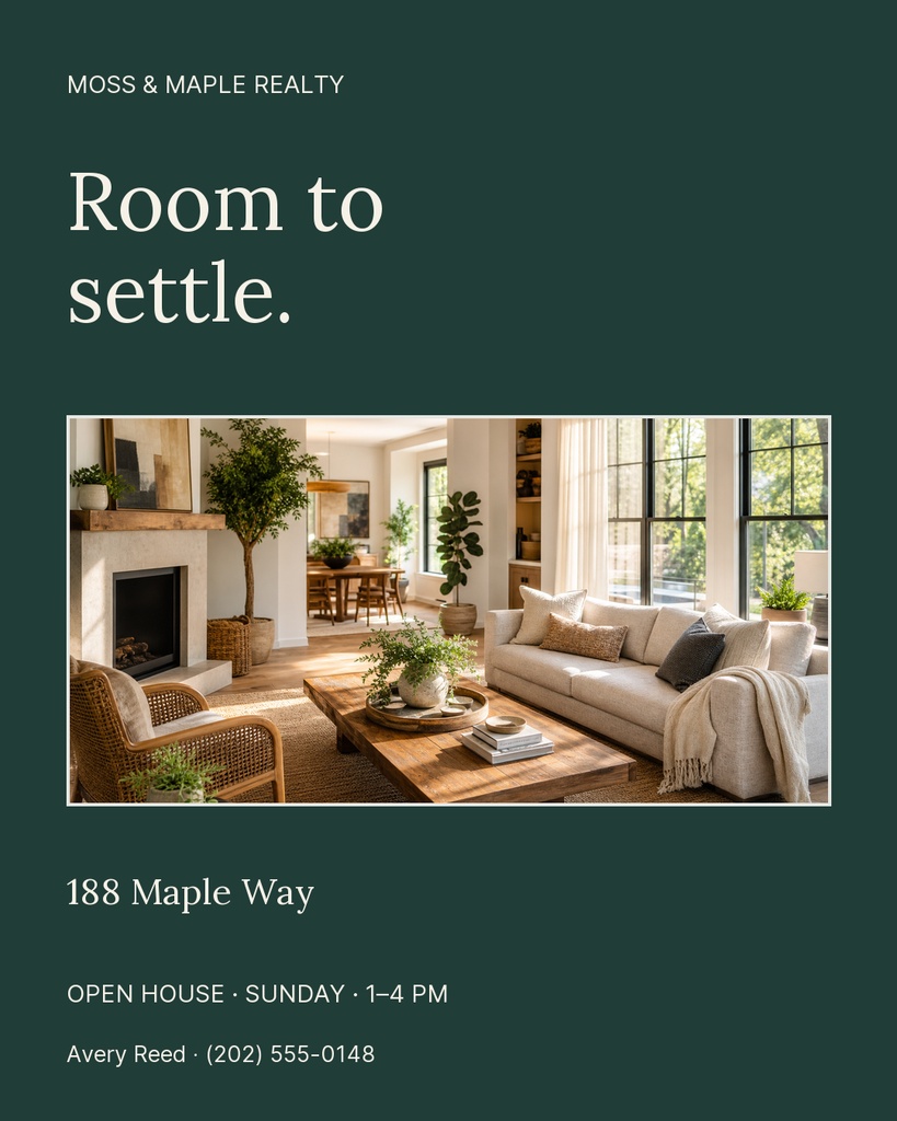 Portrait real estate flyer with a living room photo and open house details.