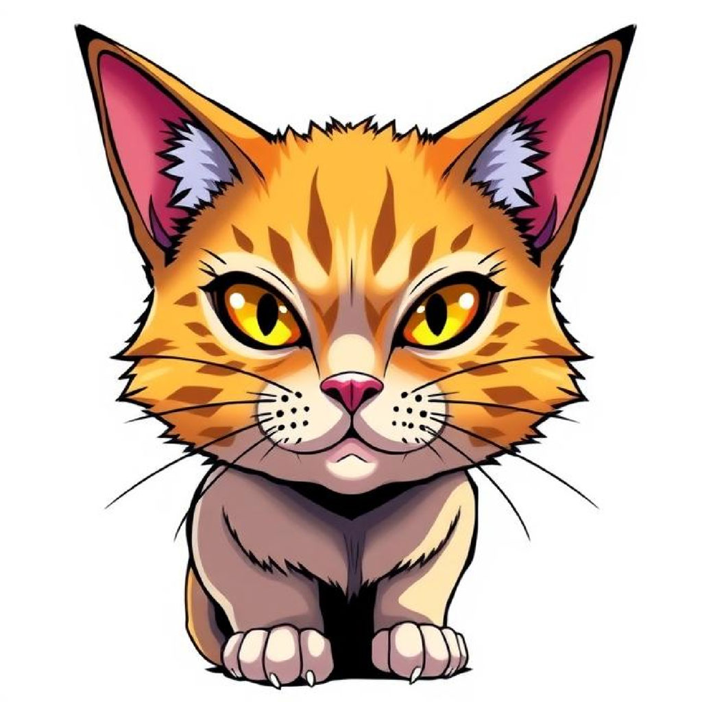 A cartoon orange kitten with large yellow eyes and pink inner ears