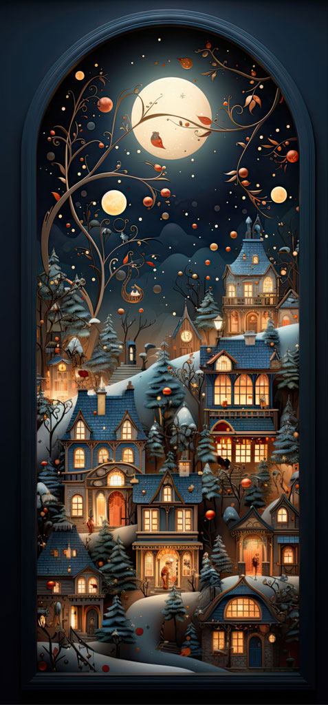 Illustration of a snowy village at night with houses and trees lit up, seen through an arched window.