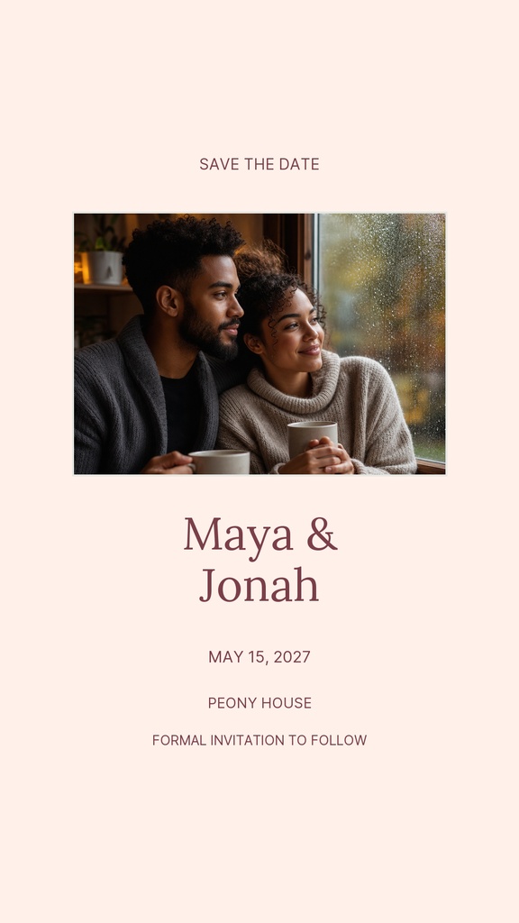 Portrait wedding story template with a couple photo, soft pink background, and save the date text.