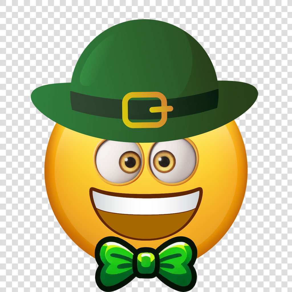 A smiling yellow emoji face with a green hat and bow tie.