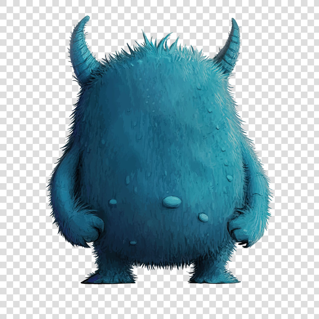 A blue, furry monster with two horns and a cute expression.