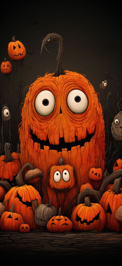 A large, orange, smiling pumpkin with large eyes surrounded by smaller pumpkins and animated elements.