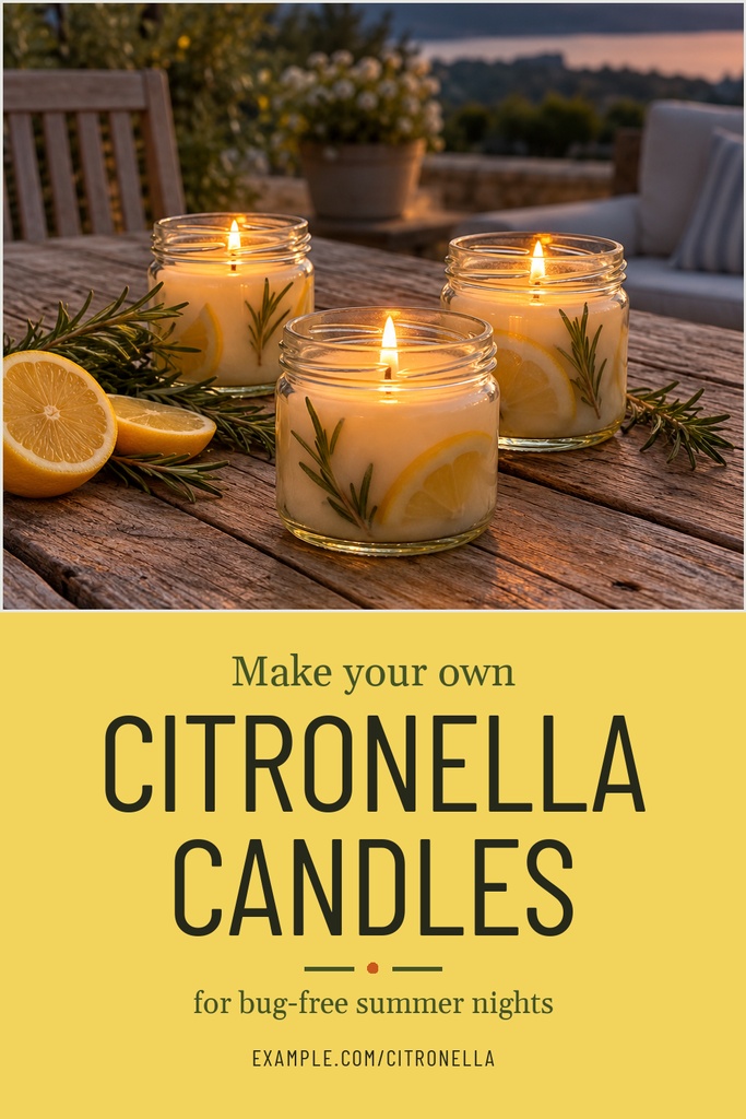 Pinterest pin template showing citronella candles on a wooden table at sunset with lemons and greenery.