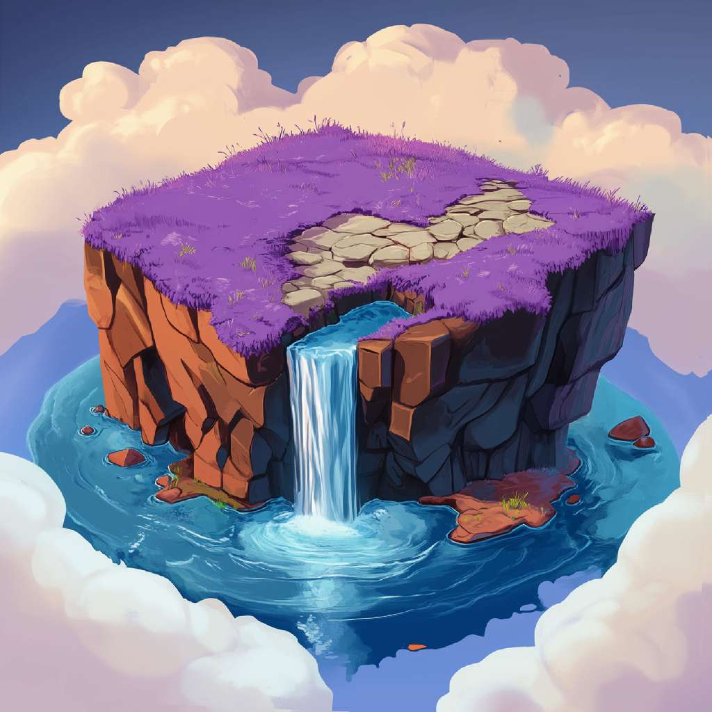 A cartoon-style illustration of a floating island with purple grass and a waterfall cascading into the water below.
