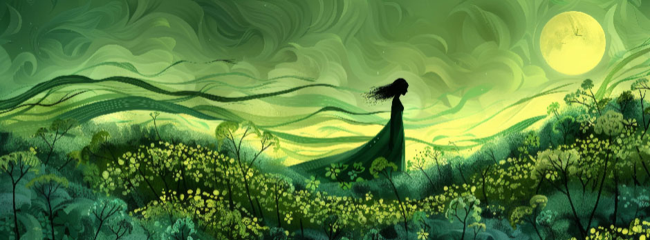 A woman in a long dress stands in a field of yellow flowers under a full moon with a green, swirly sky.