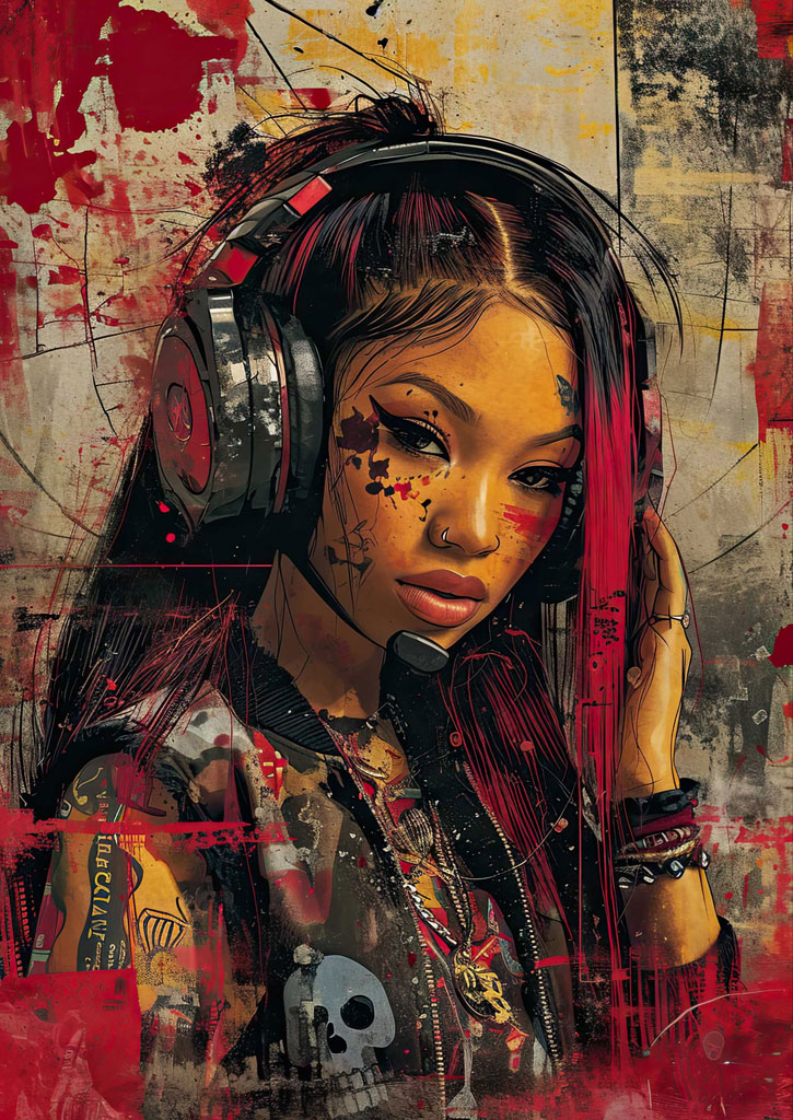Digital artwork of a young woman with headphones and tattoos