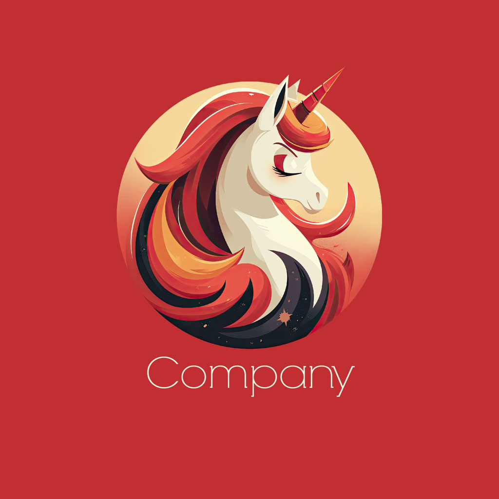 Stylized unicorn head logo with red, orange, and black mane on red background