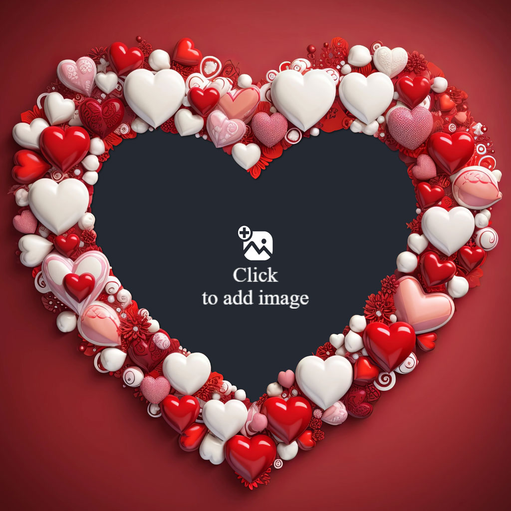 A heart-shaped frame filled with various red and white hearts