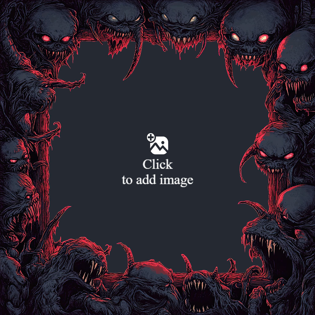 Dark fantasy creatures bordering a dark background with a small white icon in the center.