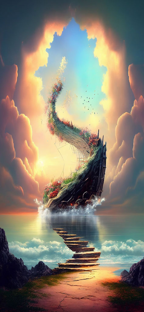 A fantastical island floating above the water with a stairway connecting it to the shore.