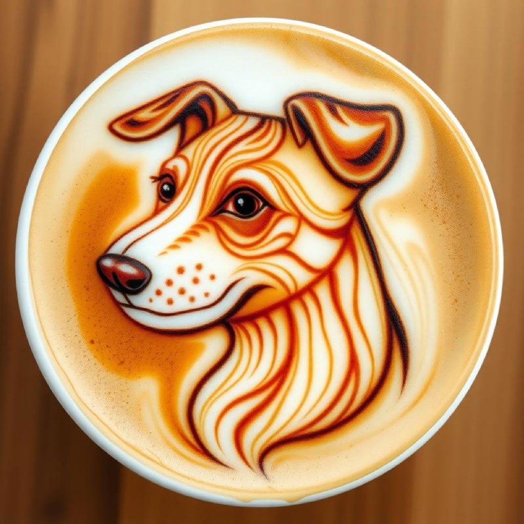 A cup of coffee with a latte art design of a woman's face and flowing hair.