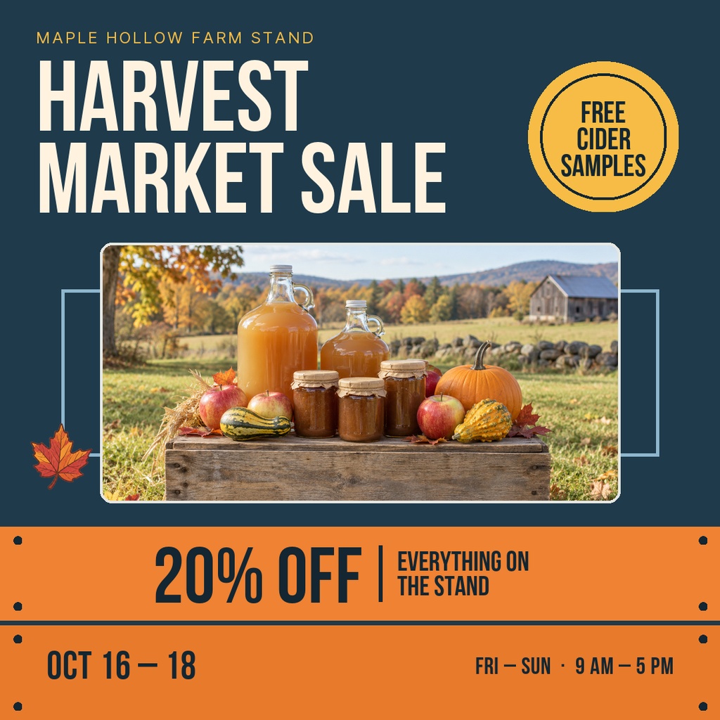 Square fall sale poster for a harvest market with cider, pumpkins, and 20% off text.