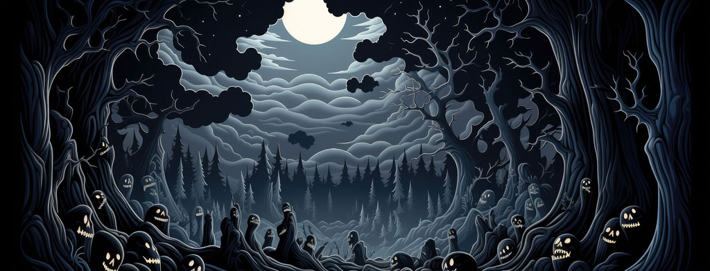 An illustration of a dark forest with a full moon shining through the clouds, surrounded by silhouettes and skulls.