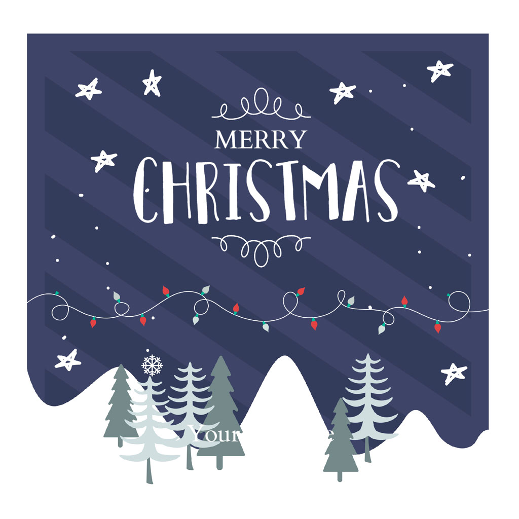 Merry Christmas card with trees and stars