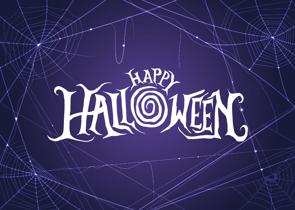 Happy Halloween text on a purple background with spider webs
