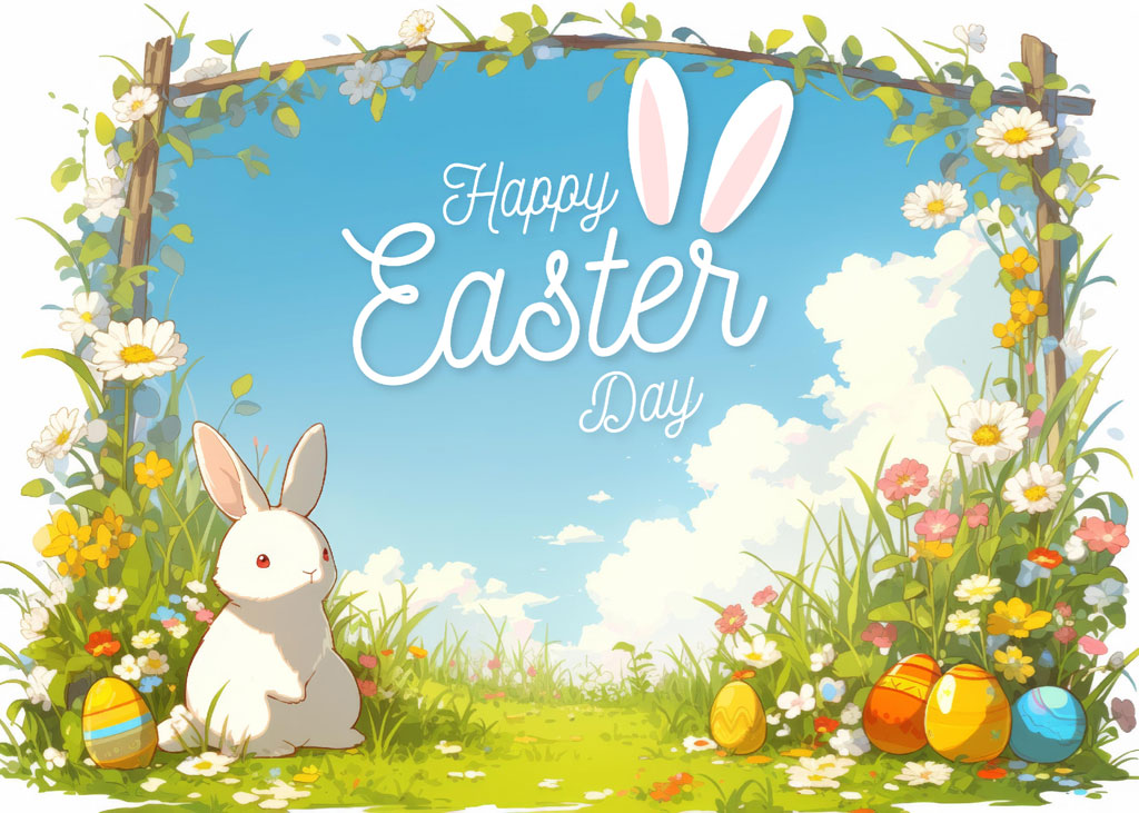 Easter greeting card with bunny and eggs