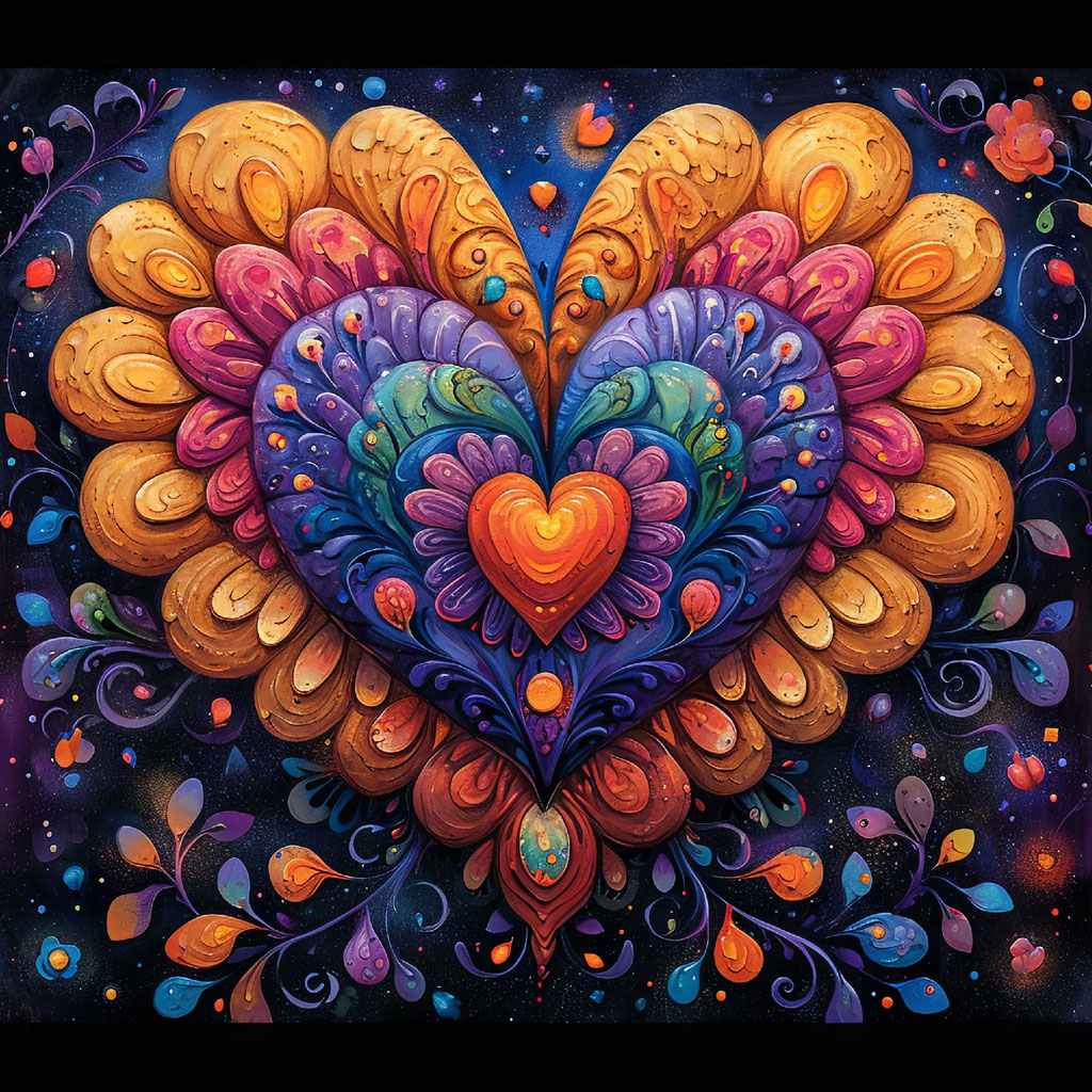A stylized heart with layered, swirling patterns in various colors.