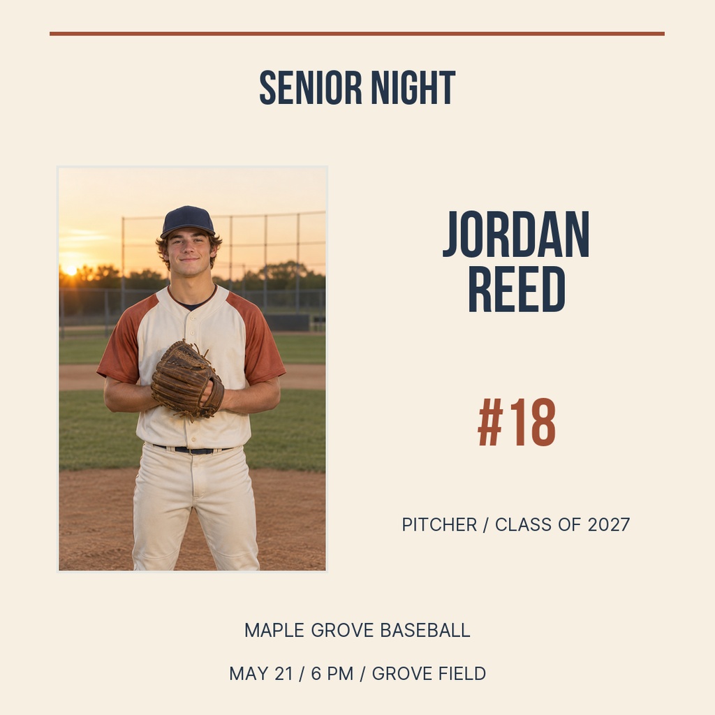 Square senior night baseball post with player photo, name, number, and event details.