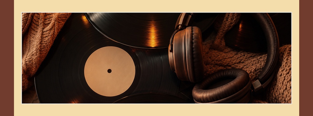 Vinyl record and headphones on a warm-toned background.