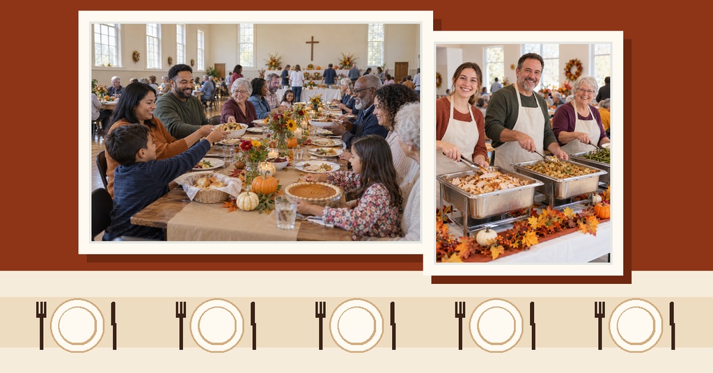 Two photos of people serving and sharing a Thanksgiving meal at a community dinner.