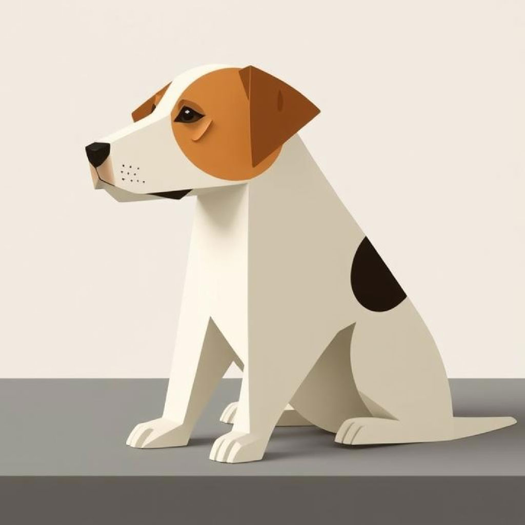 A 3D geometric illustration of a dog sitting on a gray surface