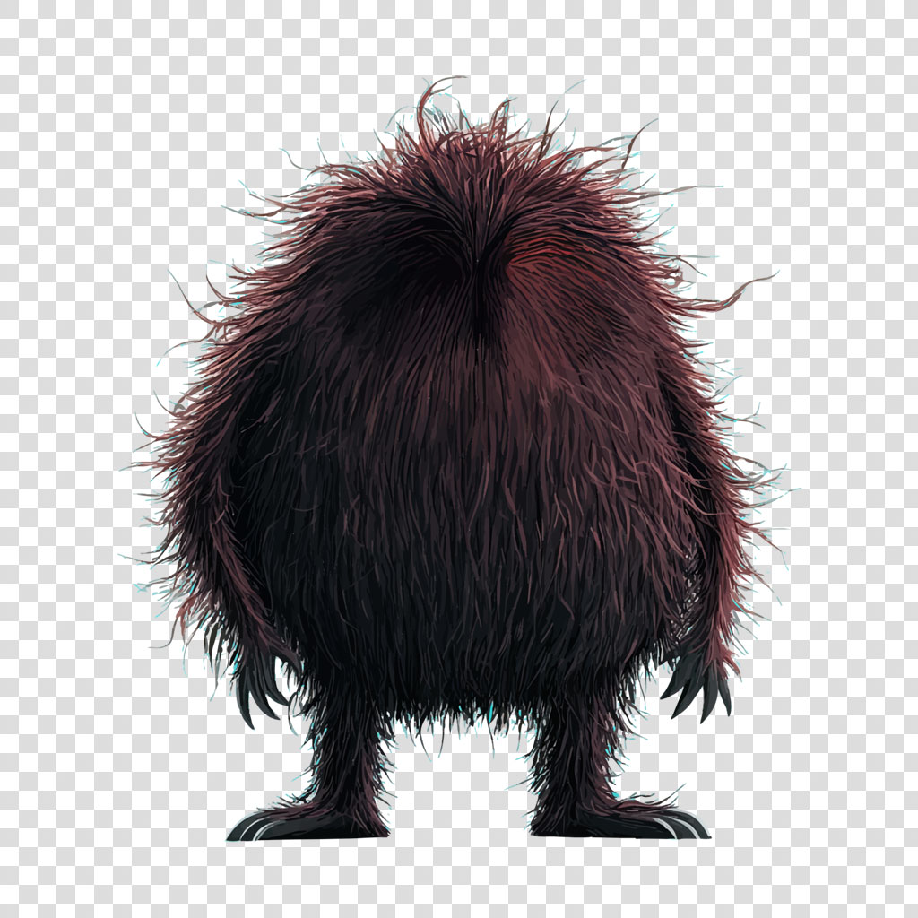 A dark, furry creature with long hair and sharp claws