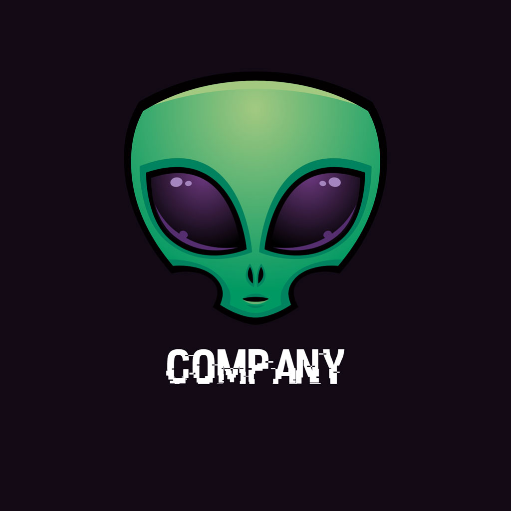 Green alien head logo with purple eyes