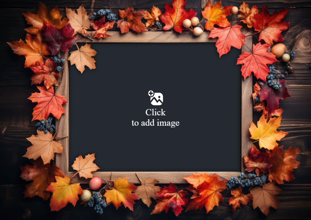 A wooden frame with autumn leaves and berries around a black center
