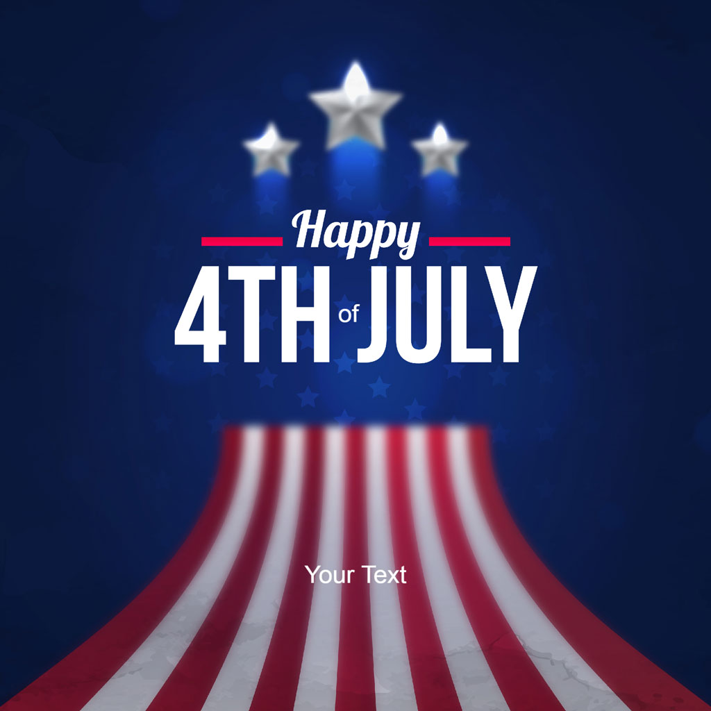4th of July graphic with red and white stripes and three stars